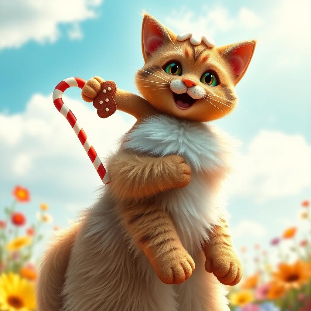 A whimsical scene featuring a gingerbread cookie riding a large, fluffy cat