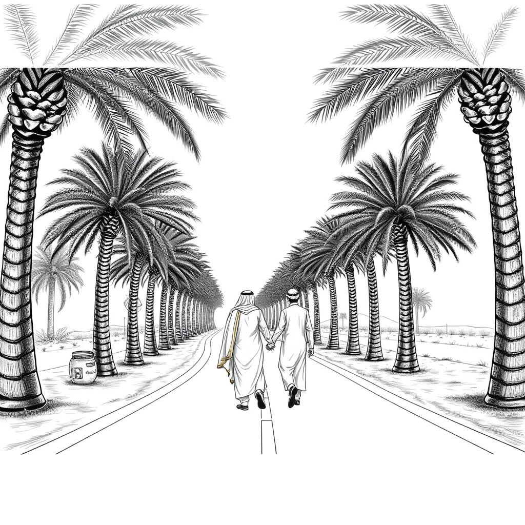 A black and white drawing depicting an S-shaped road lined with majestic date palm trees (Phoenix dactylifera)