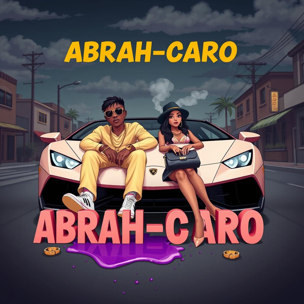 An urban studio-style image featuring a couple sitting in a sleek front Lamborghini against a dark, slightly cloudy night sky