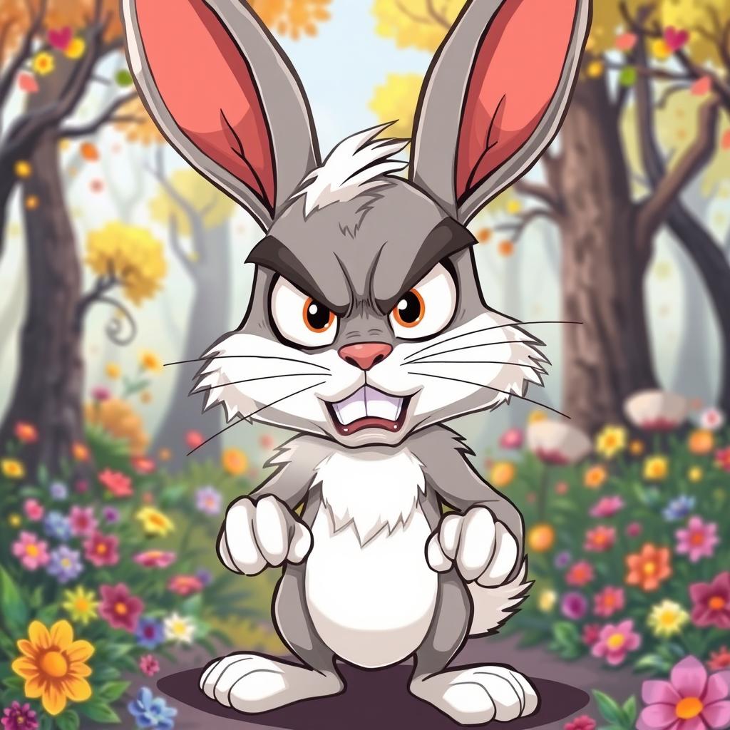A cartoon-style illustration of an angry bunny with large expressive eyes and furrowed brows, standing upright with its ears perked up