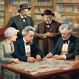 In an imagined gathering, literary figures Mark Twain, Jules Verne, Agatha Christie, and Jules Maigret are collectively engaged in assembling pieces of a complex jigsaw puzzle.