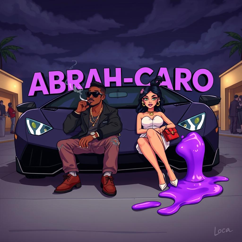 A vibrant cartoon-style urban scene featuring a couple sitting in the front of a luxurious Lamborghini, with a dark, slightly cloudy night sky as the background