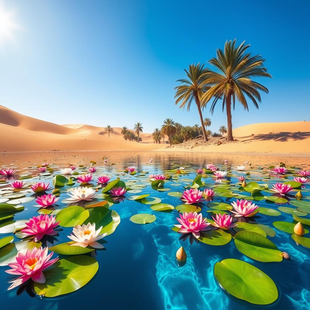 A mystical magic lake in the heart of Arabia, surrounded by sandy dunes under a brilliant blue sky