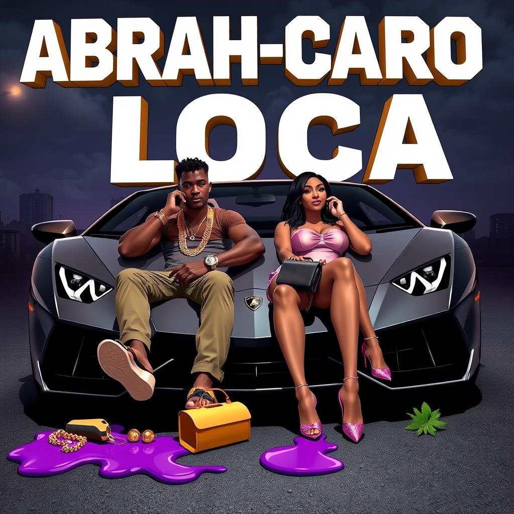An urban studio-style image depicting a couple seated in a luxurious Lamborghini at the forefront