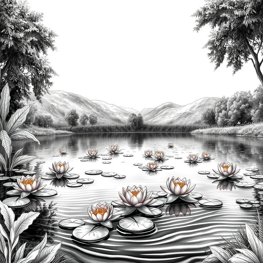 A serene magic lake surrounded by lush greenery, dotted with vibrant waterlilies floating gracefully on its surface