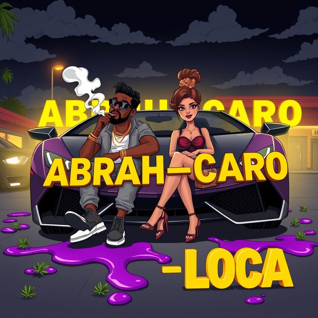 A vibrant cartoon-style urban scene featuring a couple seated in the front of a luxurious Lamborghini, highlighted against a dark and slightly cloudy night sky