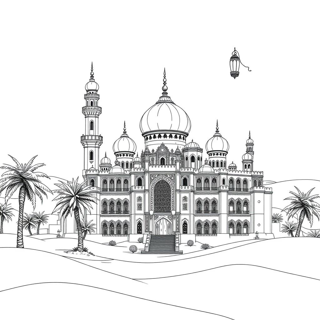 A stunning fairytale palace set in an Arabian landscape, featuring intricate architectural details such as tall minarets, ornate arches, and grand domes