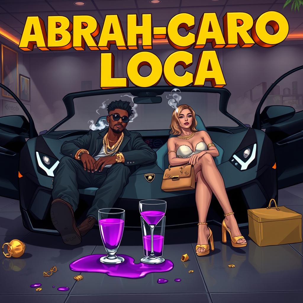 An elegant nightclub scene featuring a couple seated in the front of a luxurious Lamborghini