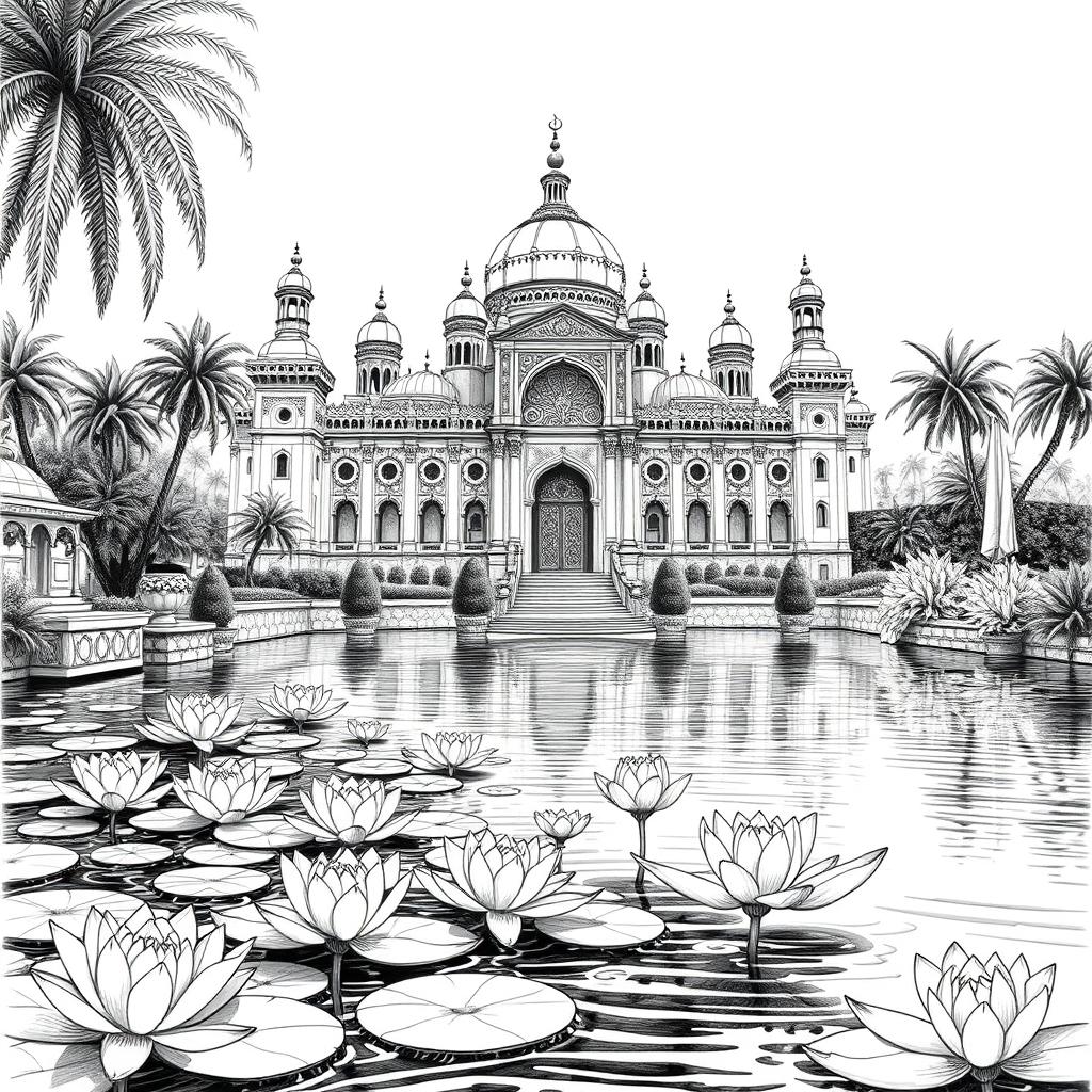 A magical fairytale palace in Arabia, featuring intricate architecture and ornate details, surrounded by lush gardens