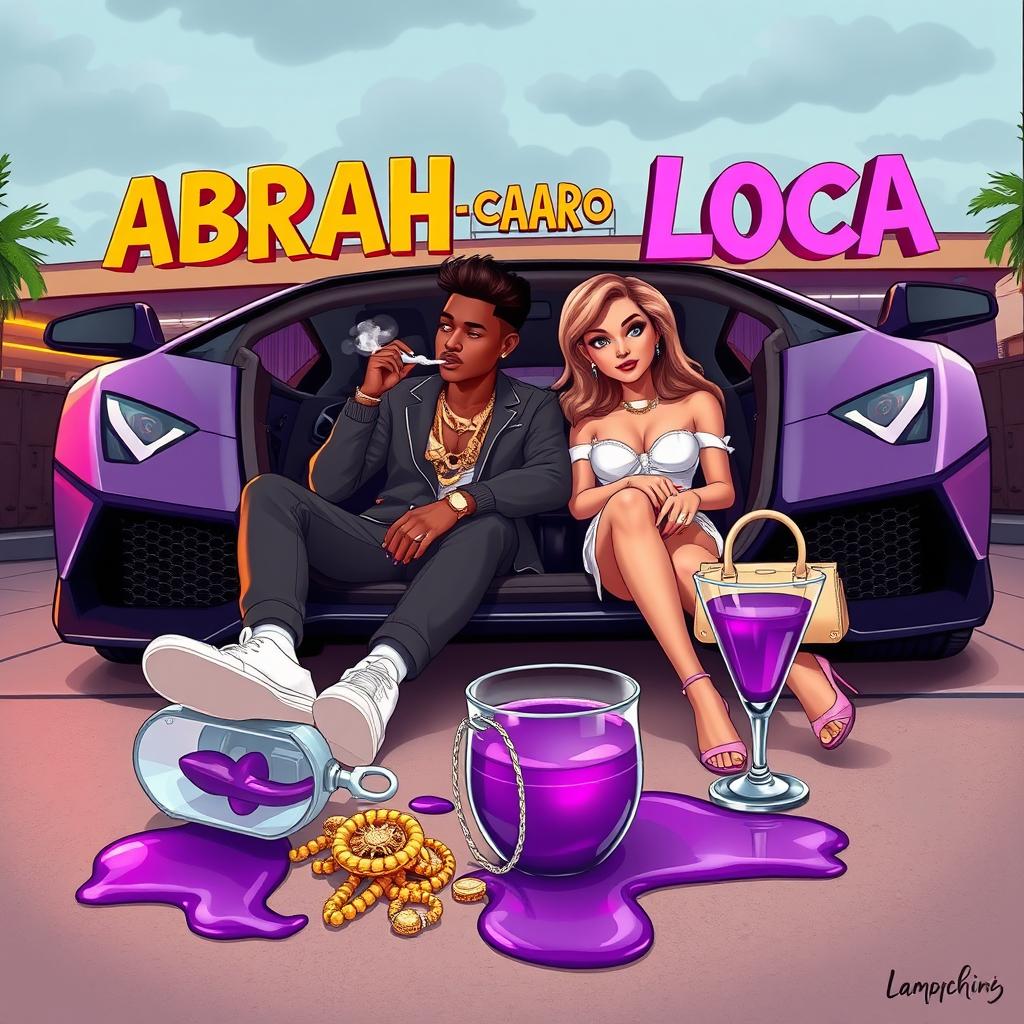 An urban scene featuring a couple seated in the front of a luxurious Lamborghini, with an elegant nightclub in the background and slightly cloudy skies