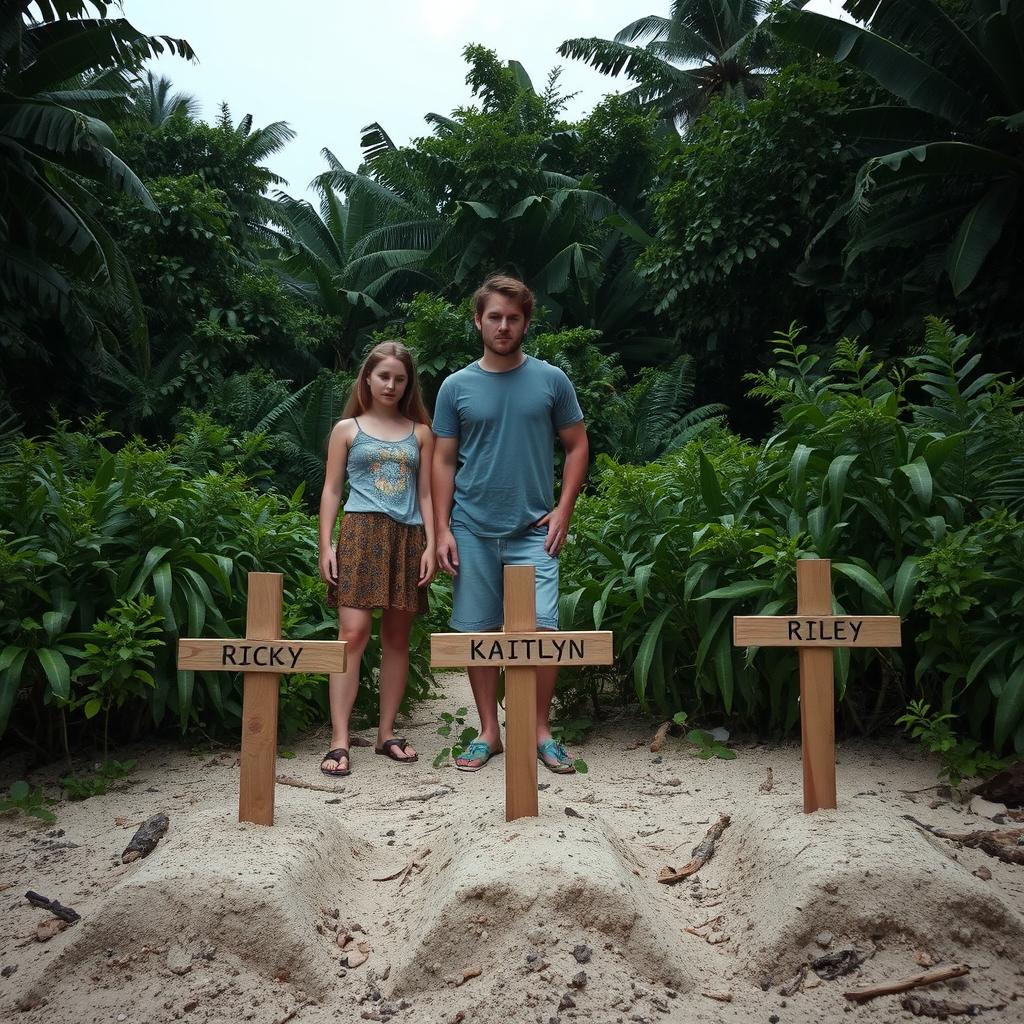 Two girls and a guy standing on a deserted island surrounded by dense jungle foliage