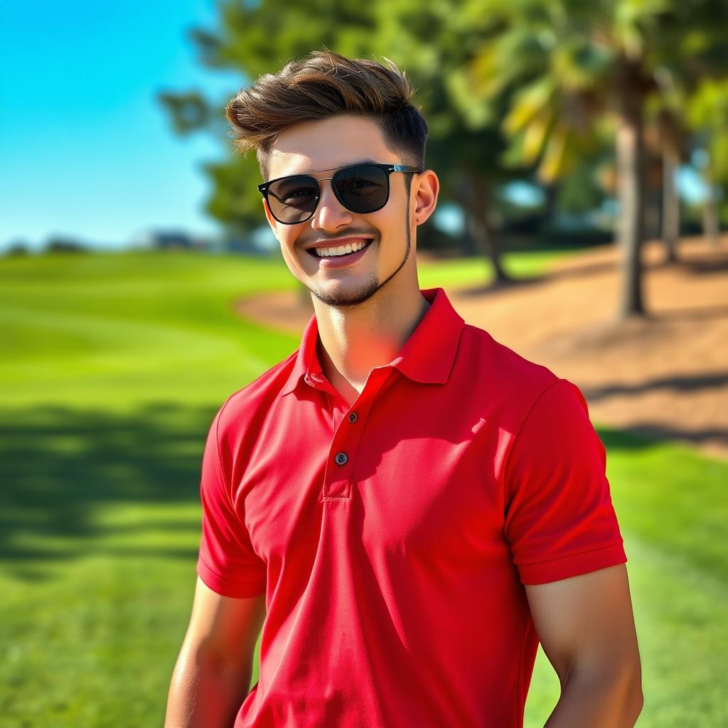 A stylish young man wearing a vibrant red golf polo shirt, smiling confidently while standing on a well-maintained golf course