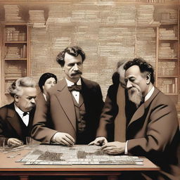 In an imagined gathering, literary figures Mark Twain, Jules Verne, Agatha Christie, and Jules Maigret are collectively engaged in assembling pieces of a complex jigsaw puzzle.