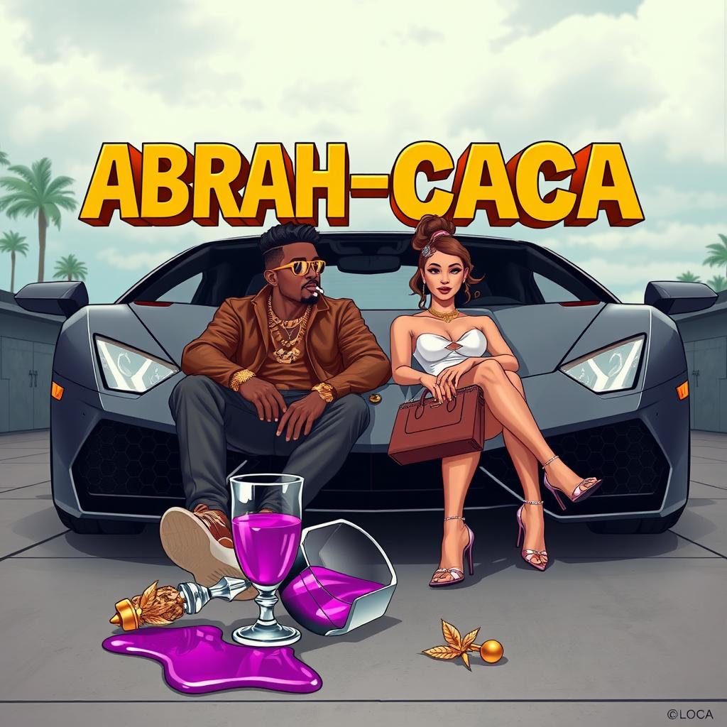 An urban scene showcasing a stylish couple seated in the front of a luxurious Lamborghini, with a backdrop of an elegant nightclub and slightly cloudy skies