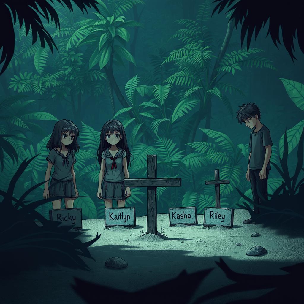 A somber scene depicting two girls and one guy on a deserted island surrounded by a lush jungle