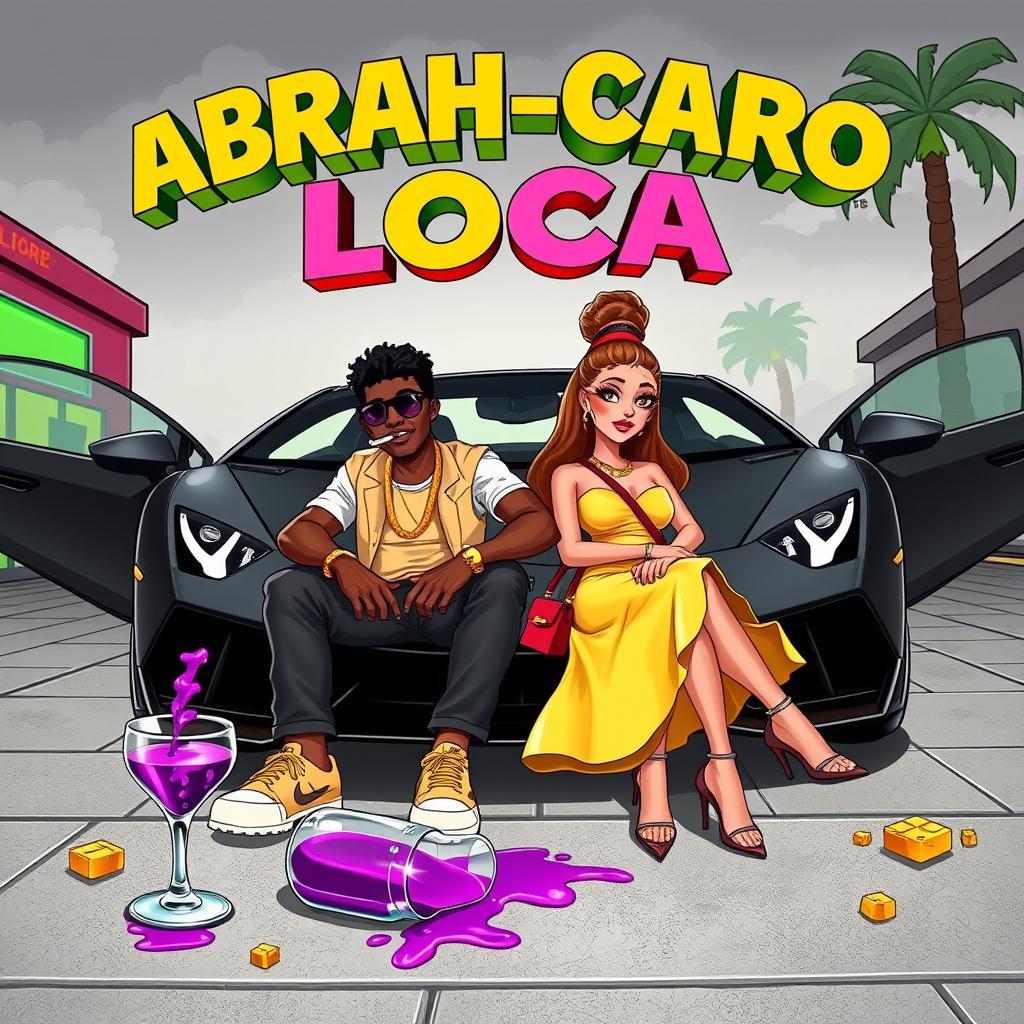 An urban scene featuring a couple confidently seated in the front of a luxurious Lamborghini, with a chic nightclub as the backdrop and slightly overcast skies