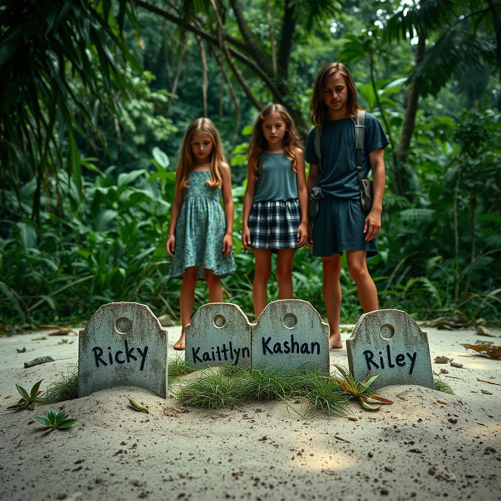 A somber scene featuring two girls and one guy standing on a deserted island, surrounded by lush jungle