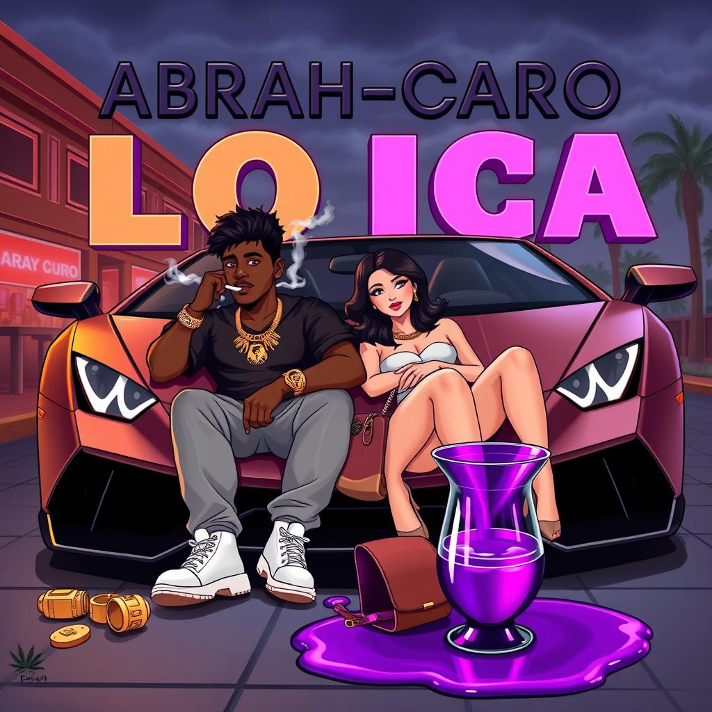 An urban scene featuring a couple comfortably seated in the front of a luxurious Lamborghini, with an elegant nightclub as the backdrop and slightly cloudy skies creating a moody atmosphere