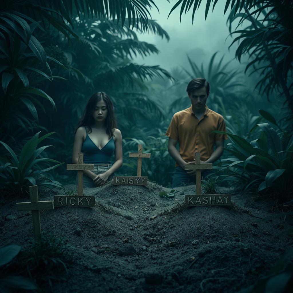A somber scene depicting two women and one man on a deserted island, surrounded by dense jungle foliage