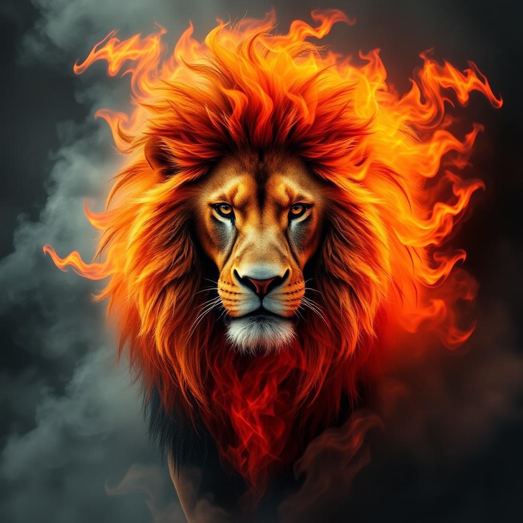 A majestic lion transformed with fiery mane, flames dancing around its head, embodying a fierce and powerful presence