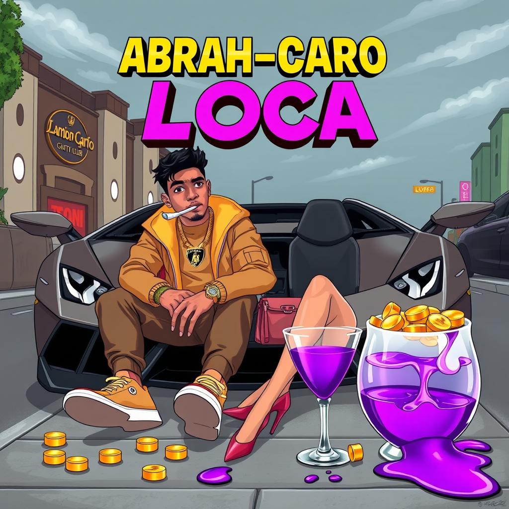 An urban scene featuring a couple sitting in the front of a luxurious Lamborghini, with an elegant nightclub in the background and slightly cloudy skies adding to the ambiance