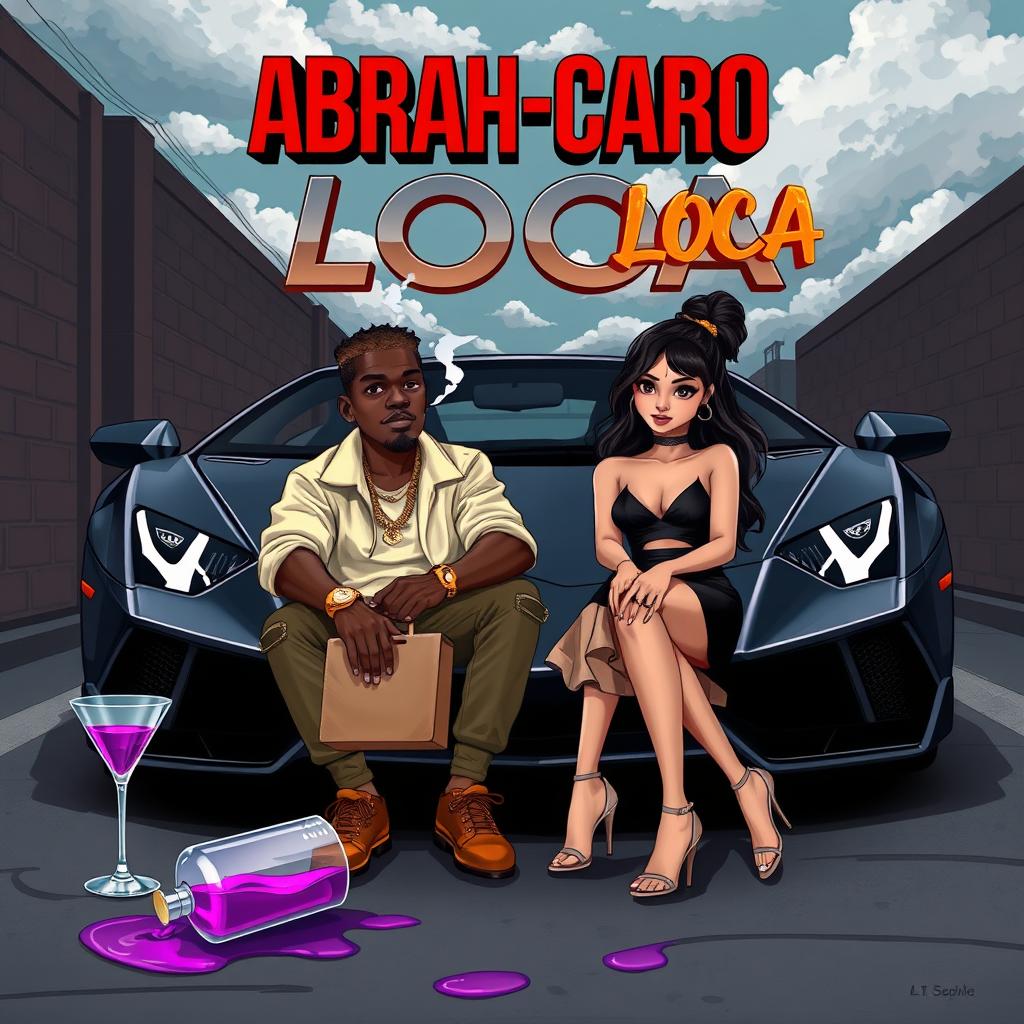 An urban scene depicting a couple sitting in the front of a luxurious Lamborghini, with a dark alley as the backdrop under slightly cloudy skies, enhancing the mysterious vibe