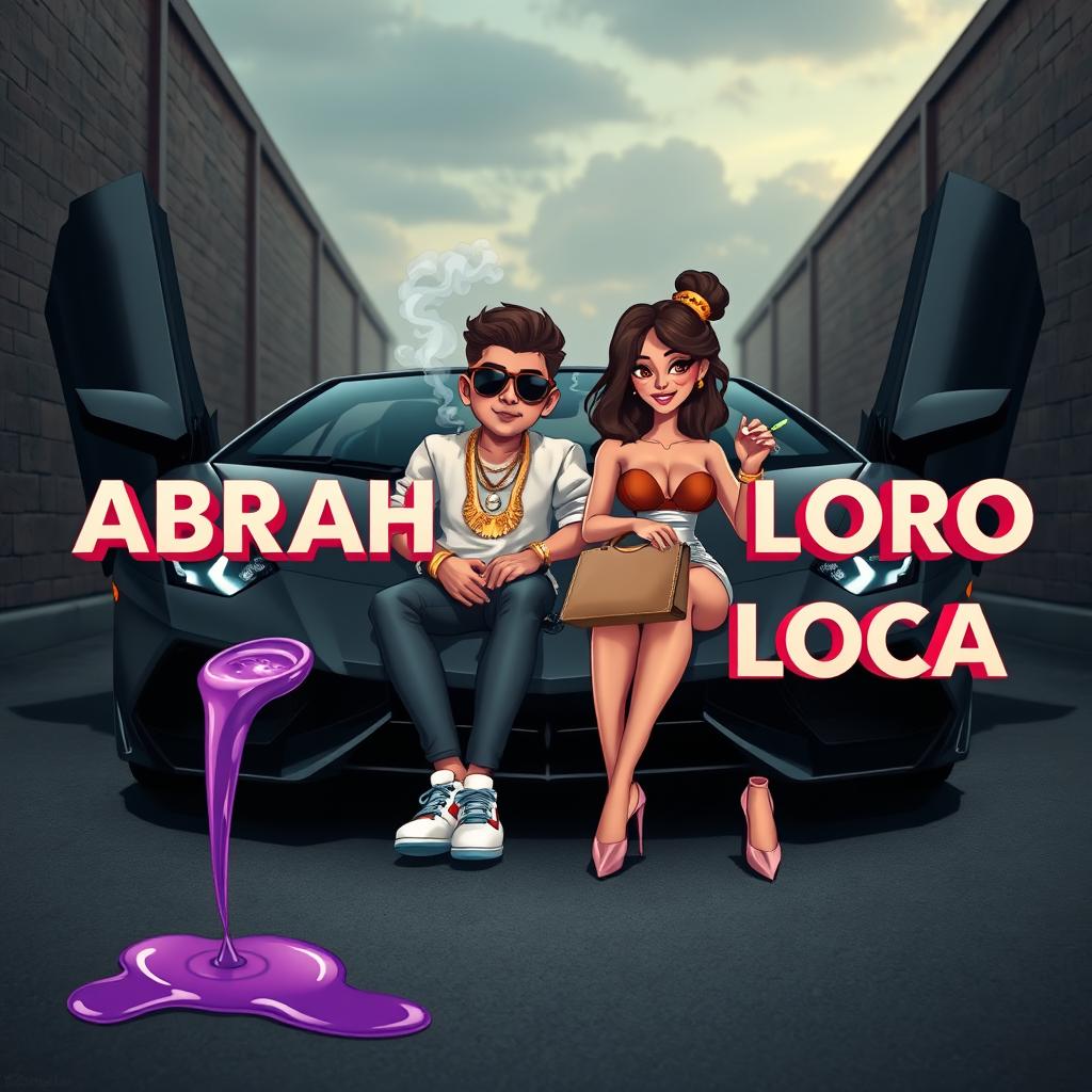 A couple sitting in the front of a stylish Lamborghini, surrounded by a dark alley with a slightly cloudy sky in the background