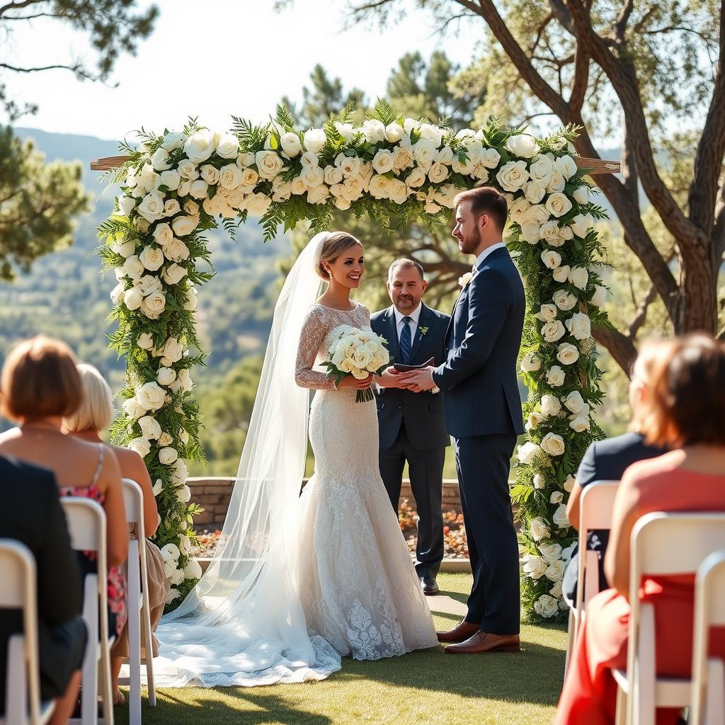 A beautiful outdoor wedding scene featuring a stunning couple exchanging vows at a picturesque altar adorned with white flowers and greenery