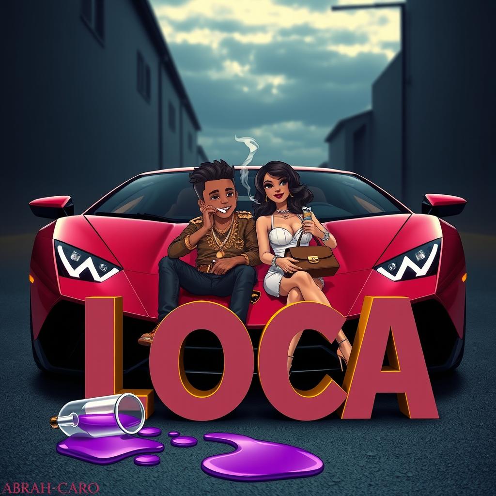A couple sitting in the front of a sleek Lamborghini, with a dark alley and slightly cloudy sky as the background