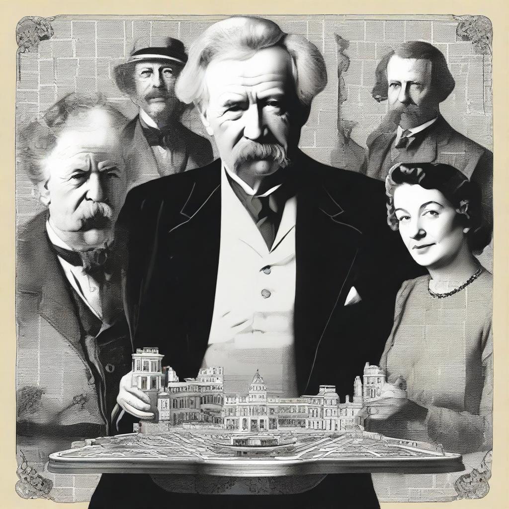 In an imagined gathering, literary figures Mark Twain, Jules Verne, Agatha Christie, and Jules Maigret are collectively engaged in assembling pieces of a complex jigsaw puzzle.