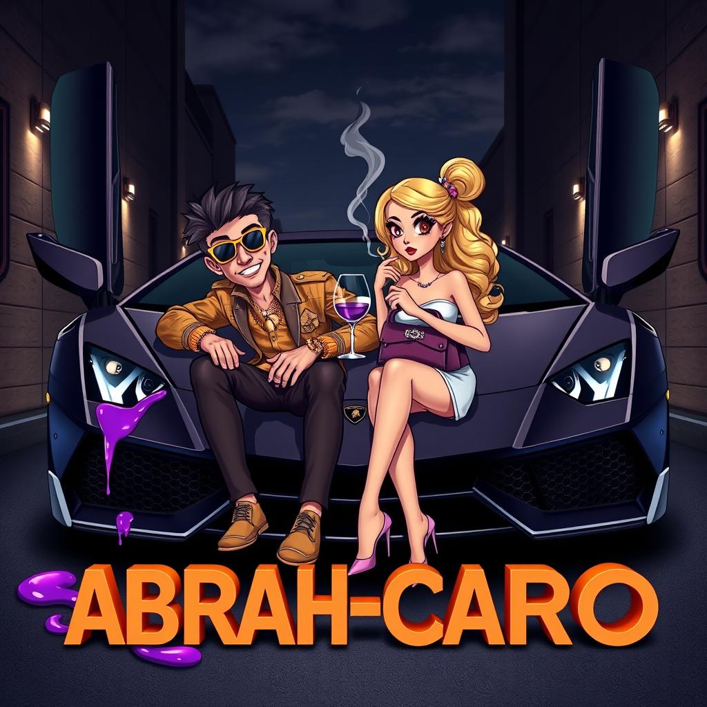 A couple sitting in the front of a luxurious Lamborghini, with a dark alley and a slightly cloudy sky in the background