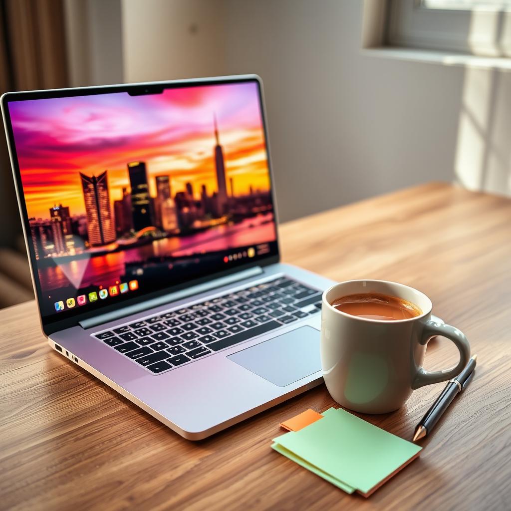 A sleek, modern laptop with a thin design and a glowing keyboard, placed on a stylish wooden desk