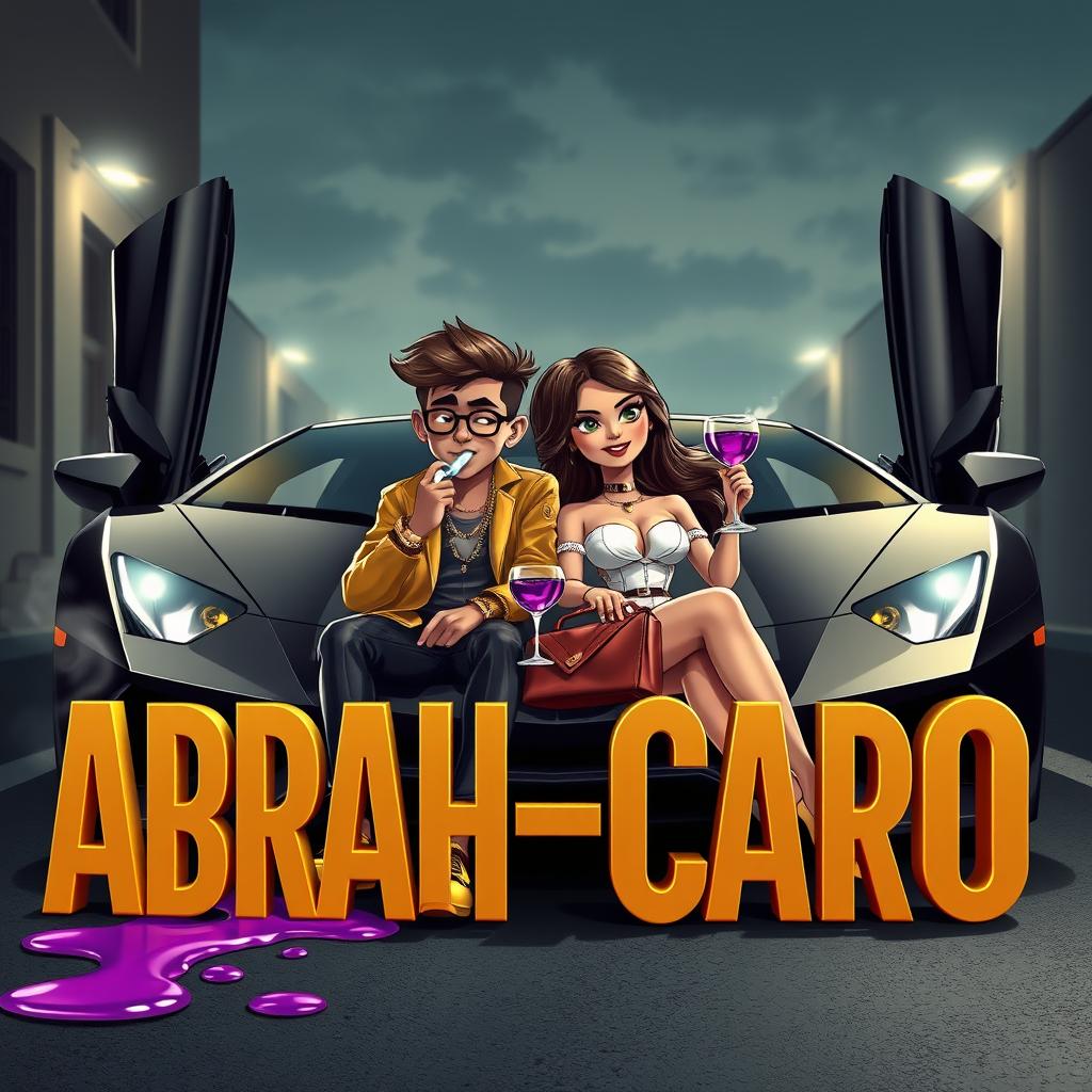 A couple sitting in the front of a luxurious Lamborghini, with a dark alley and slightly cloudy sky in the background