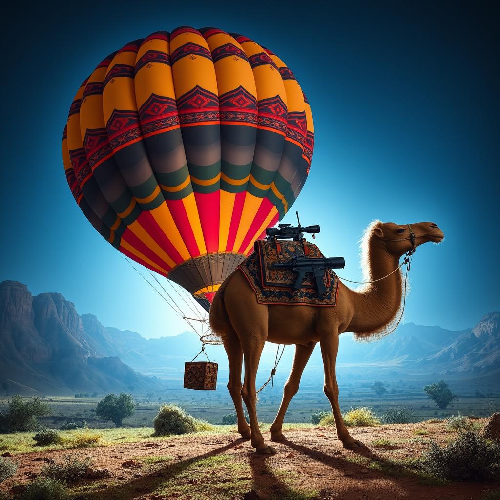A surreal fusion of a camel and a hot air balloon, where the camel's body morphs seamlessly into the balloon, creating a unique and fantastical creature