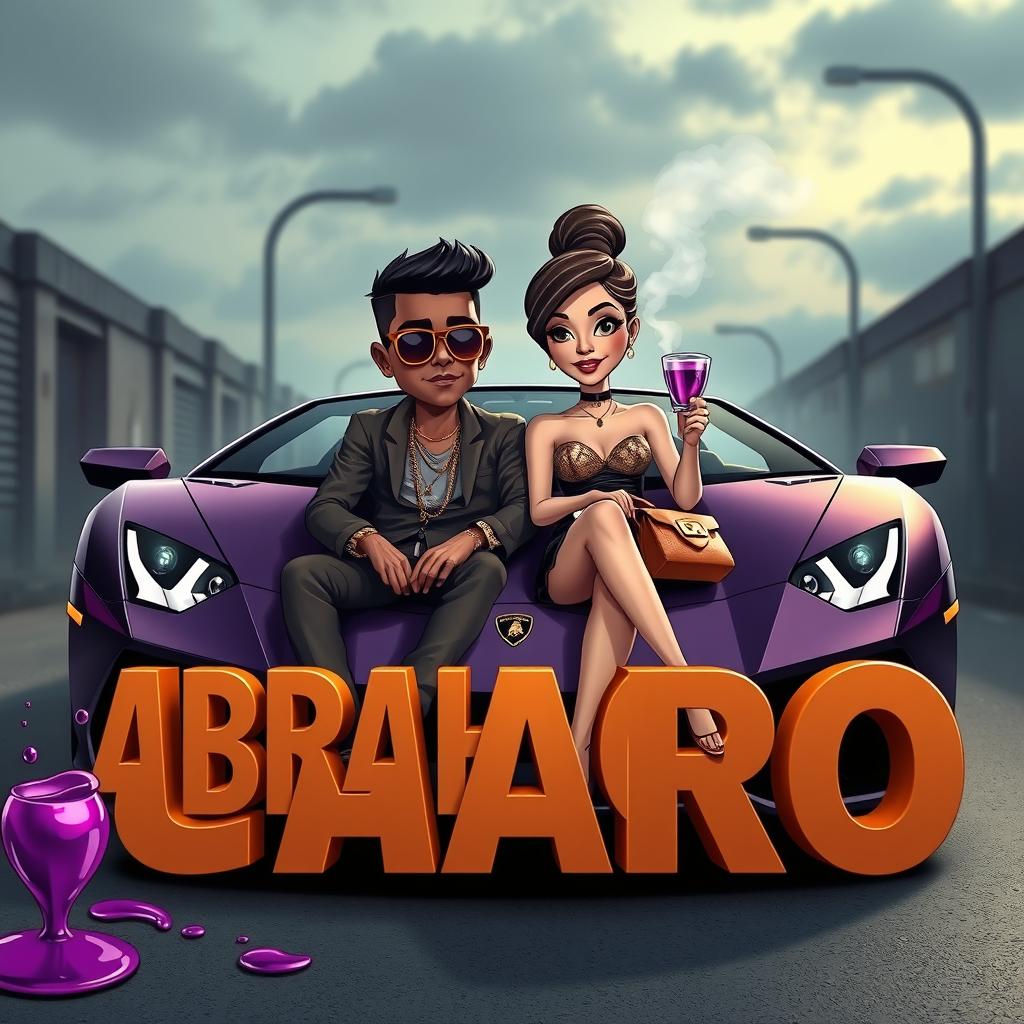 A couple sitting in the front of a luxurious Lamborghini, with a dark alley and slightly cloudy sky in the background