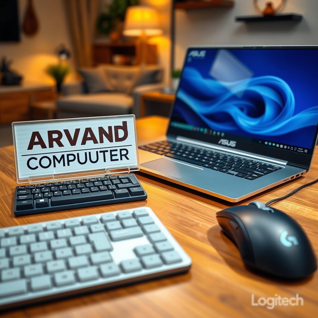 An Asus laptop featuring a sleek design, placed on a well-polished wooden table
