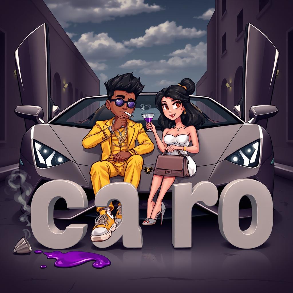 A couple sitting in the front of a luxurious Lamborghini, with a dark alley and a slightly cloudy sky in the background