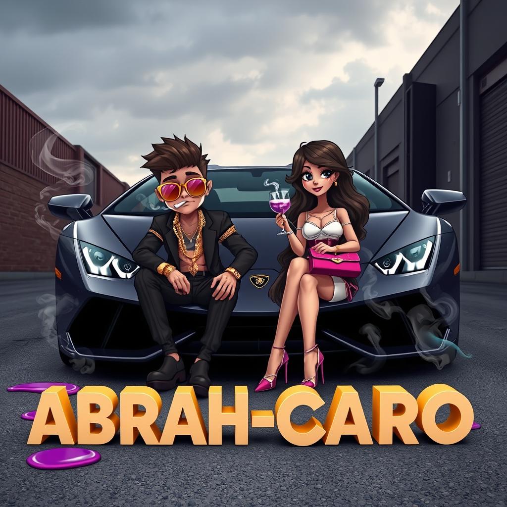 A couple sitting in the front of a luxurious Lamborghini, with a dark alley and slightly cloudy sky in the background