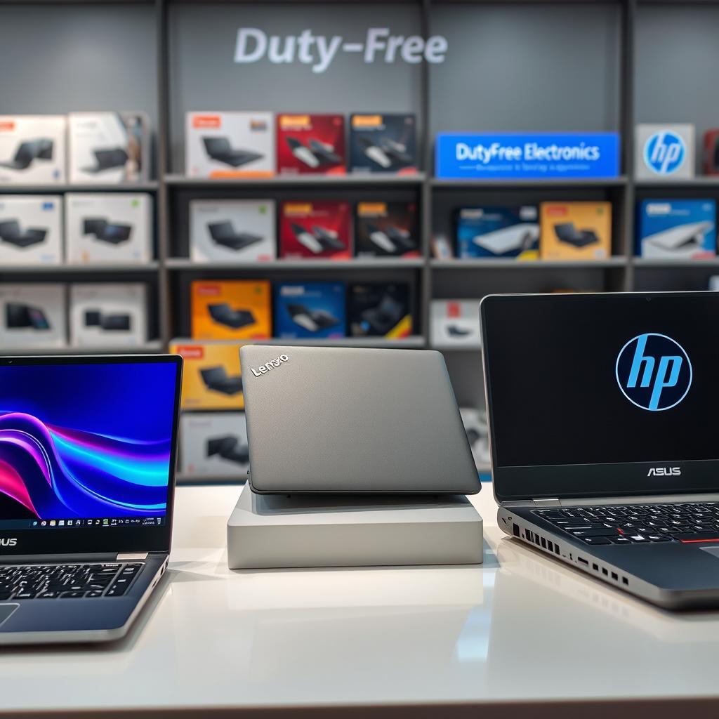 A visually appealing display of duty-free laptop products featuring Asus, Lenovo, and HP