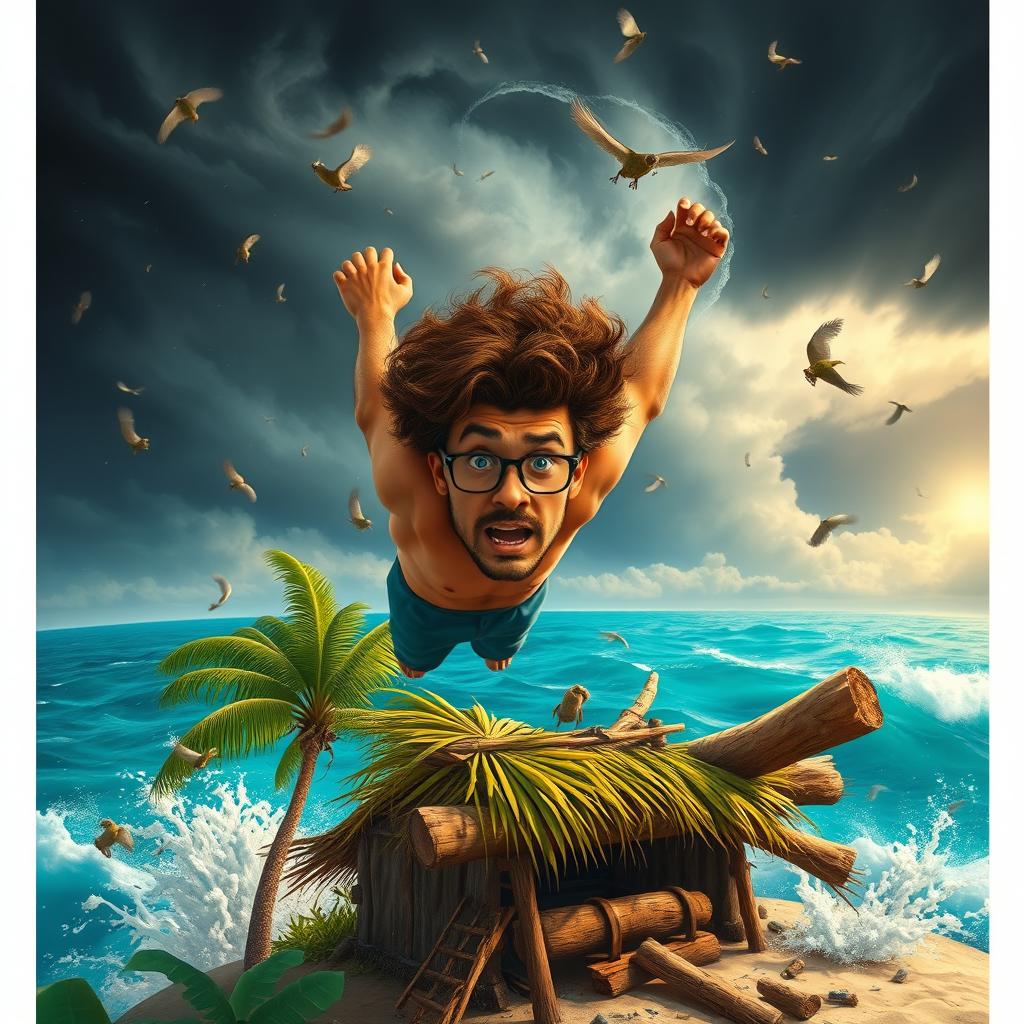 A scene depicting a curly-haired man wearing glasses stranded on a tropical island, showcasing his brave attempt to survive