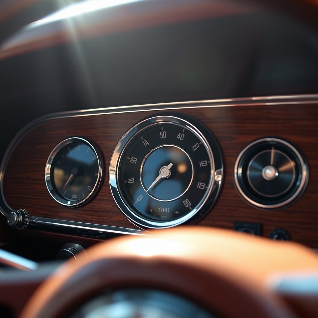 A close-up shot of a vintage car dashboard showcasing an odometer reading 104 km