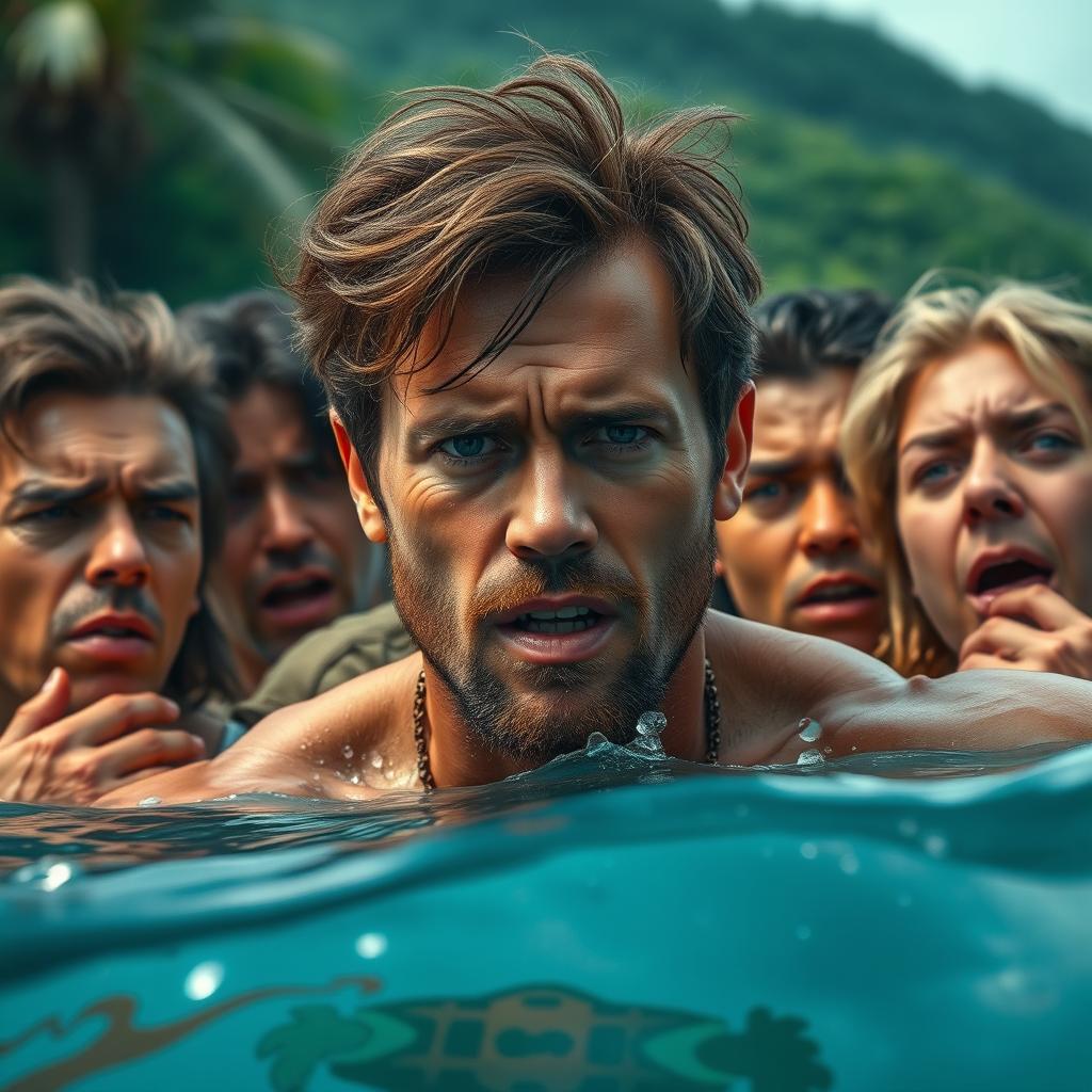 A dramatic scene depicting a brown-haired man with some stubble, trapped on a deserted island