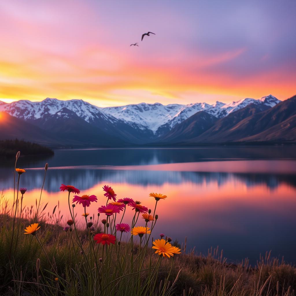 A majestic landscape featuring a serene lake surrounded by snow-capped mountains during sunrise, with vibrant colors reflecting off the water