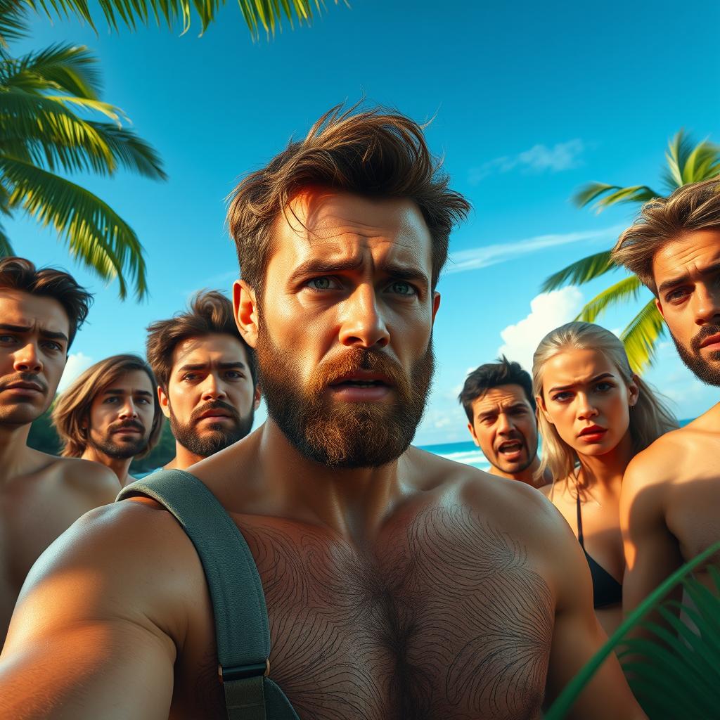A dramatic scene depicting a brown-haired man with stubble trapped on a tropical island, looking weak and distressed as he faces a life-threatening infection