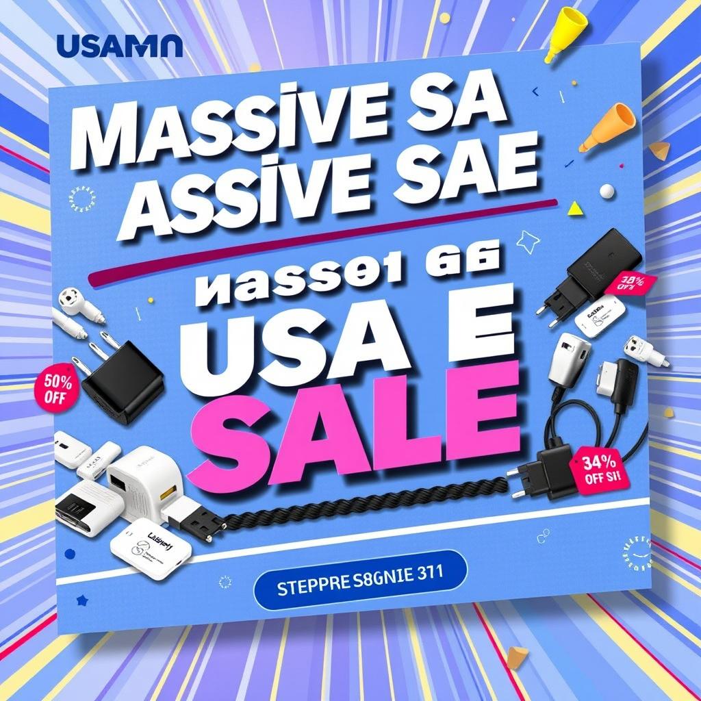A vibrant and eye-catching banner design promoting USAMS products, featuring a variety of high-quality gadgets such as phone chargers, cables, and accessories