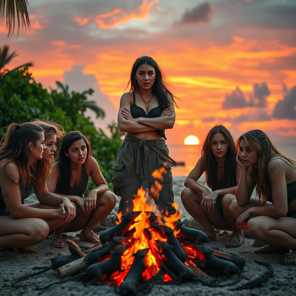 A dramatic scene set on a deserted island, featuring a group of resilient young women gathered around a crackling fire