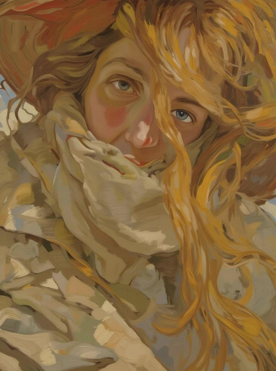 A portrait of a woman with flowing, golden-red hair and striking green eyes