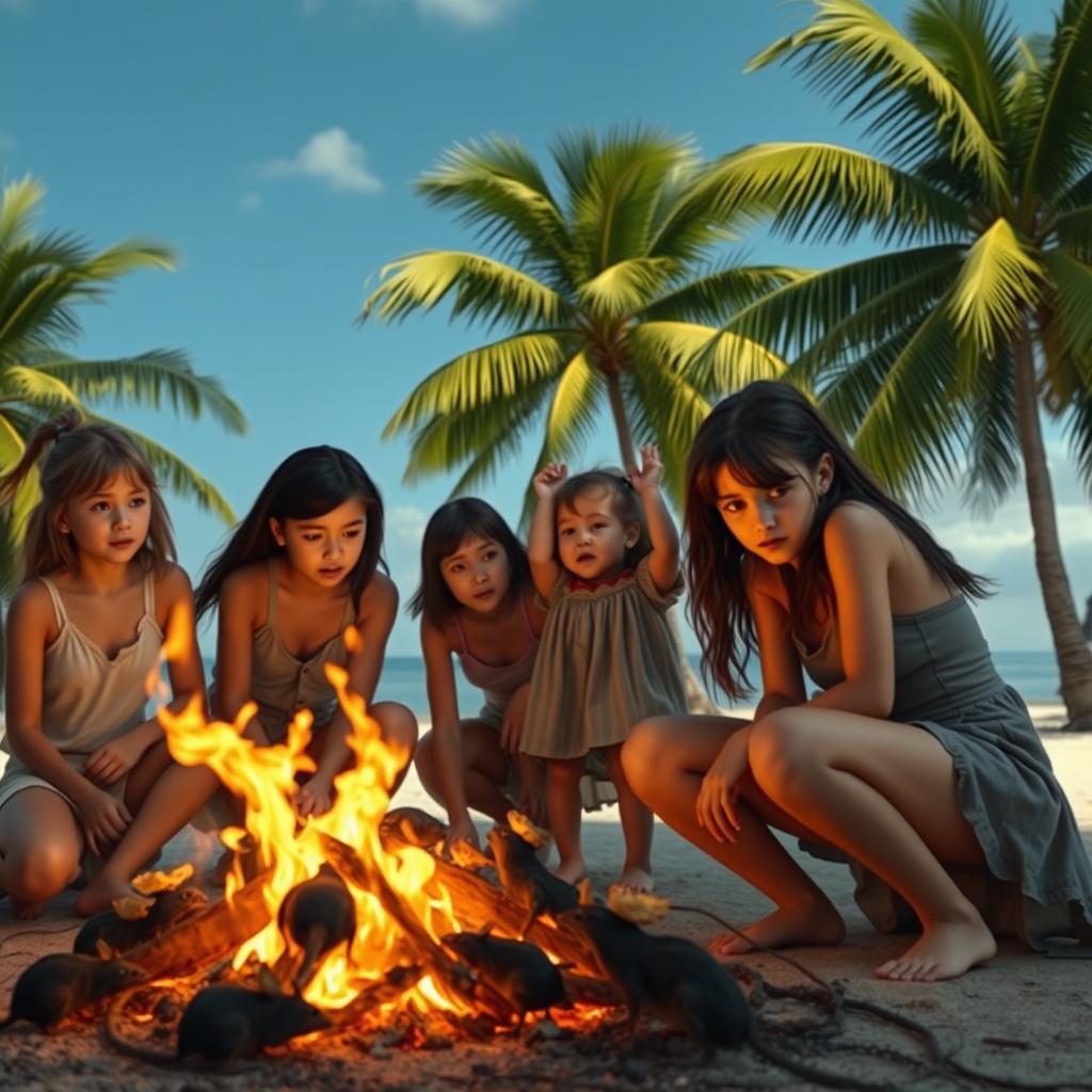 A tense scene on a deserted tropical island, where a group of girls are struggling for survival