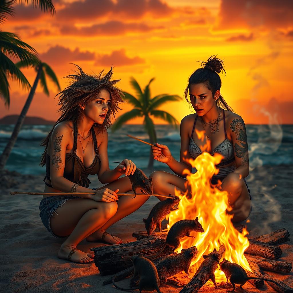Two women on a deserted island, sitting beside a roaring campfire