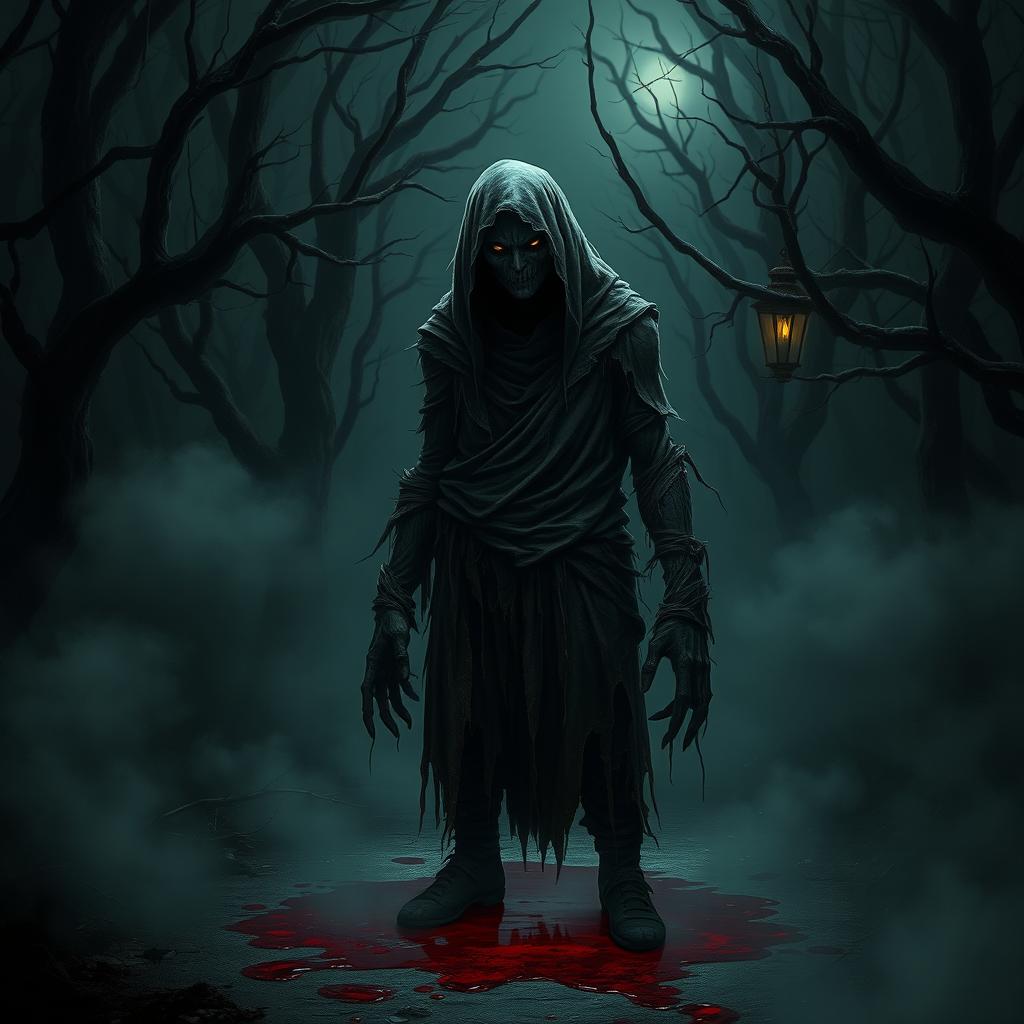 A sinister figure in a dark, atmospheric setting